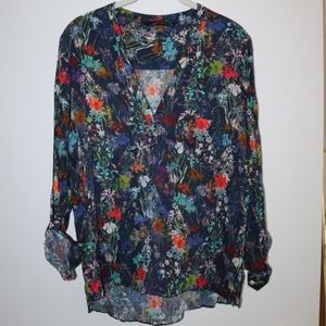 ZARA slim V neck blouse top convertible sleeve Navy Blue floral M